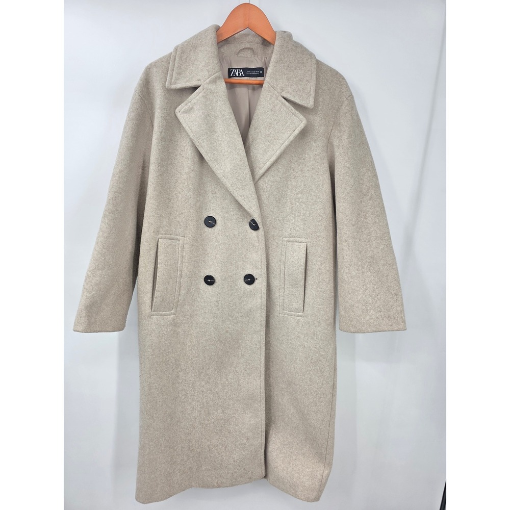 Zara Womens Oatmeal Beige Double Breasted Longline Coat XS Notched Lapel Lined